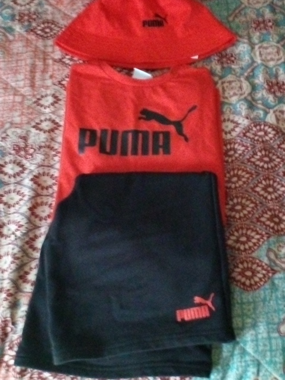 Puma Red and Black Athletic Tee with Matching Shorts And Hat